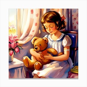 Little Girl With Teddy Bear Canvas Print