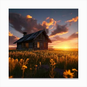 A Small Rustic Cabin With A Dark Roof In The Midst Of A Blooming Canola Field During Golden Hour Canvas Print