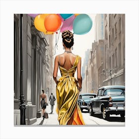 Woman Walking Down The Street With Balloons,wall art Canvas Print