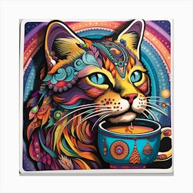 Cat With A Cup Of Coffee Whimsical Psychedelic Bohemian Enlightenment Print 4 Canvas Print