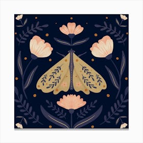 Moth and Flowers - blue and peach Canvas Print