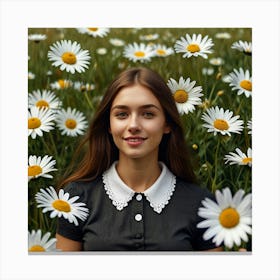 Beautiful Young Woman In A Field Of Daisies Canvas Print