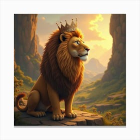 A Majestic Lion With A Golden Mane, Wearing A Royal Crown, In A Magical Land 1 Canvas Print