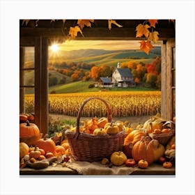 An Idyllic Rustic Autumn Setting A Basket Brimming With Fresh Harvest Of Corn And Pumpkin Wood Br (1) 2 Canvas Print