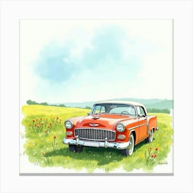 Elegant Classic Car With A Springtime Meadow, Watercolor Painting 1 Canvas Print