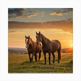 Leonardo Vision Xl Horses Graze On Grass At Sunset 1 Canvas Print