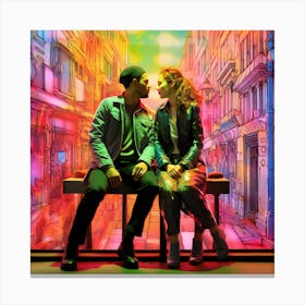 Man And Woman Sitting On A Bench in London. Love's Palette: City Panorama in Magenta and Green. Canvas Print