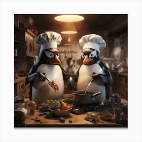 Penguins In The Kitchen Canvas Print