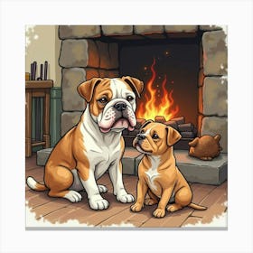 Loving Bulldog Sitting With Its Owner By The Fireplace In Watercolor 1 Canvas Print