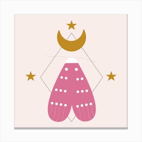 Pink Butterfly And Golden Moon Square Canvas Print