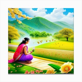 Indian Girl With Flowers Canvas Print