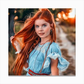 Red Haired Girl In Blue Dress Canvas Print