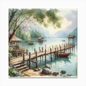 Watercolor Of A Wooden Pier Canvas Print