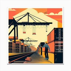 Illustration Of A Worker At A Shipping Terminal Canvas Print