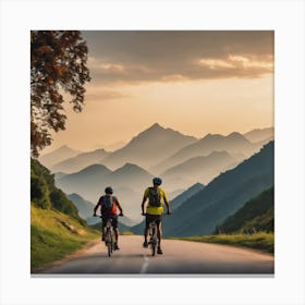 Two Cyclists Friends On Mountain Road. Canvas Print