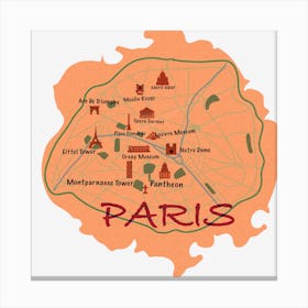 Paris City map with sights to see Canvas Print