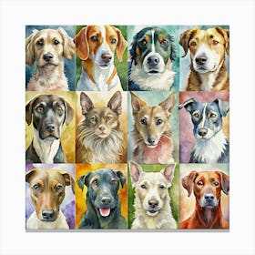 Collage Of Watercolor Portraits Of 12 Dog Breeds Canvas Print