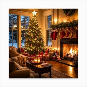 A Cozy Winter Evening By A Roaring Fireplace An Ornately Decorated Christmas Tree Situated In The C (1) Canvas Print