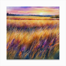 Watercolor Wheat Field At Sunset Canvas Print