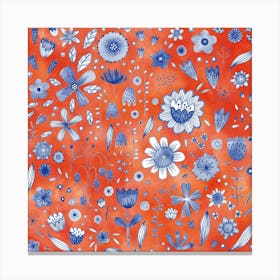 Indigo Blue Flowers on a Coral Orange Background Canvas Print