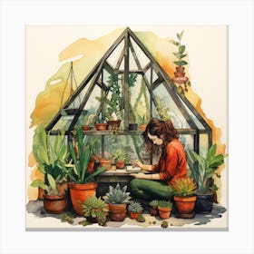 Tending to Plants In A Geo Greenhouse Canvas Print