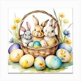 Three cute Easter bunnies sit in a basket, surrounded by wildflowers and decorated eggs, watercolor painting style Leinwandbild