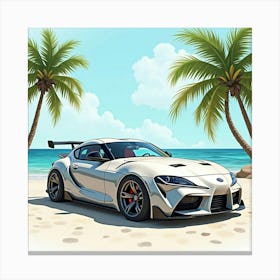 Modern Sports Car In A Tropical Paradise, Watercolor Painting 1 Canvas Print