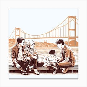 Family Sitting On A Bench Canvas Print