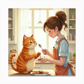 A Ragdoll Cat And A Woman Baking Cookies In A Sunny Kitchen, Watercolor Canvas Print