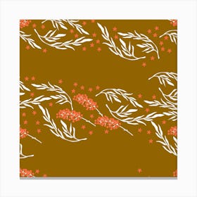 White Floral Pattern On Golden Background Square Canvas Print