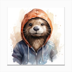 Watercolour Cartoon Otter In A Hoodie 2 Canvas Print