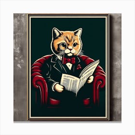 Humorous and Vintage - Graphic Wall Art of a Cat on a Sofa and Reading a Newspaper Canvas Print