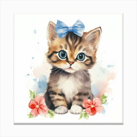 Watercolor Kitten With Flowers Canvas Print