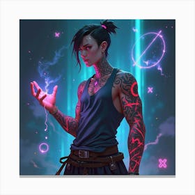 Cyberpunk Mage With Neon Tattoos And Floating Holographic Glyphs 1 Canvas Print