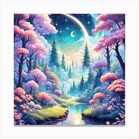 A Fantasy Forest With Twinkling Stars In Pastel Tone Square Composition 18 Canvas Print