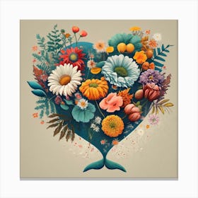 The heart of the blue whale is half composed of spring and autumn flowers Canvas Print