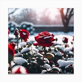 Red Roses in the Snow Covered Garden Canvas Print