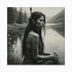 Native American Female By A Lake Charcoal 1 Canvas Print