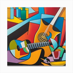Guitar And Drink Cubism Canvas Print
