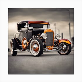 Vintage hot rod with custom flame paint job, captured in low key lighting with selective focus on the chrome details, classic car, retro, high resolution Canvas Print