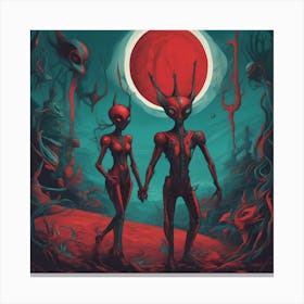 Alien Couple Painted To Mimic Humans, In The Style Of Surrealistic Elements, Folk Art Inspired Illu (3) Canvas Print