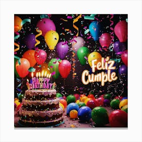 Feliz cumple and Feliz cumpleaños sign means Happy Birthday in Spanish language, Birthday party celebration gift with birthday cake candle colorful balloons best congratulation over light backgroundFiesta Cumple 1 Canvas Print