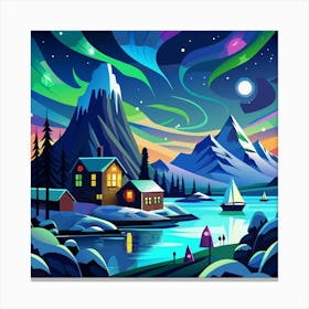 Mountain Landscape With A Cabin, Sailboat, And Aurora Borealis Canvas Print