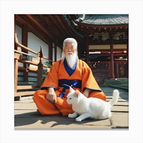 Buddhist Monk With Cat Canvas Print