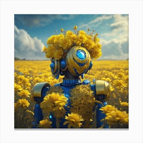 Robot In A Field Of Yellow Flowers Canvas Print