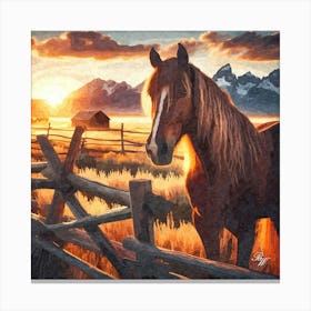 Western Horse At Sunset 2 Oil Texture Canvas Print