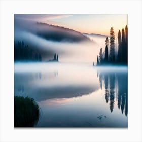 Misty Lake At Sunrise Canvas Print