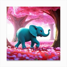 Round Turquoise Elephant Calf Wandering Through A Surreal Forest Brimming With Radiant Pink Flora F Canvas Print