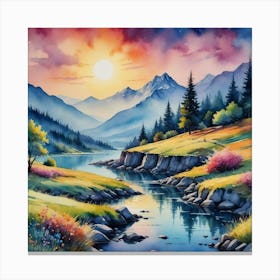 Sunset In The Mountains Enchanted Mountain Glow: A Surreal Creekscape Canvas Print