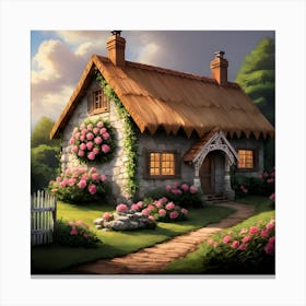 Peaceful Cottage Retreat With Pink Roses Canvas Print